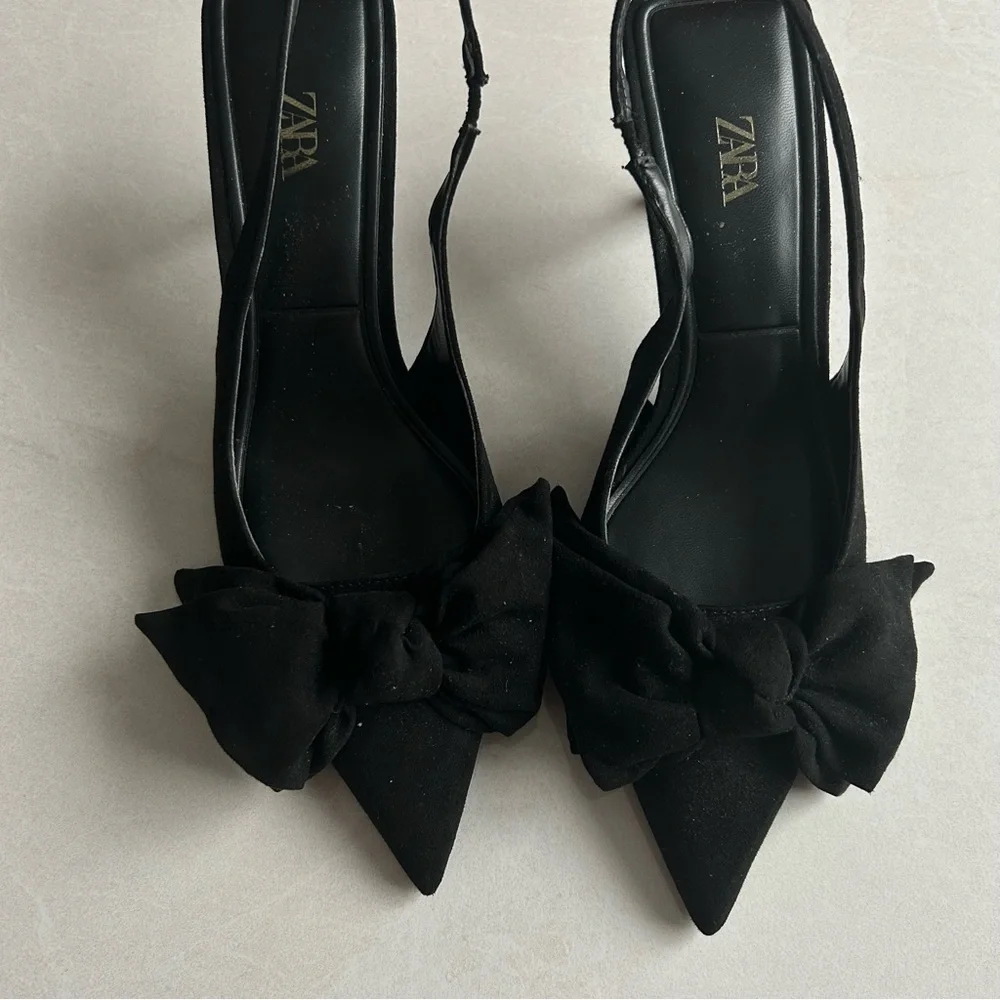 Zara Black Bow Pointed Toe Slingback Kitten Heels / Size 37 - Picture 7 of 9